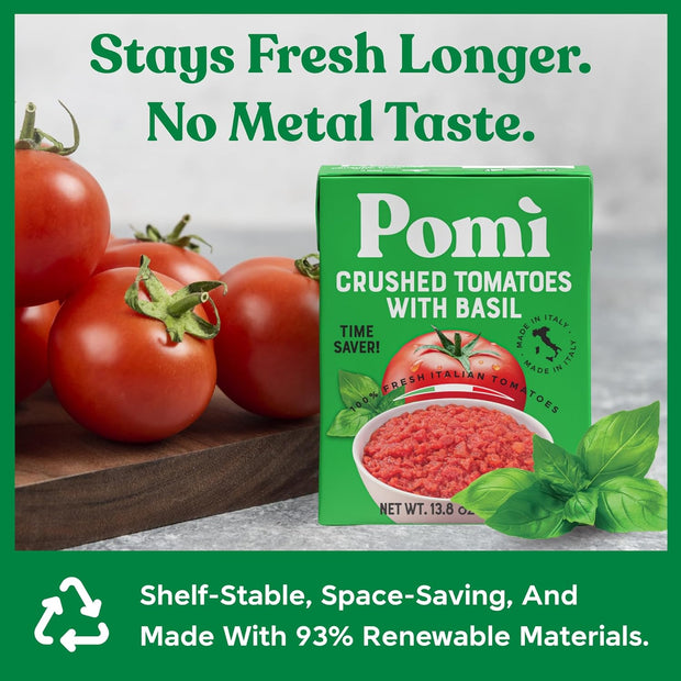 Pomì Crushed Tomatoes with Basil - Creamy, Velvety Italian Sauce, No Salt, Additives/Preservatives, GMO-Free, Gluten-Free, 100% Fresh Tomatoes, 13.8oz (Pack of 12)