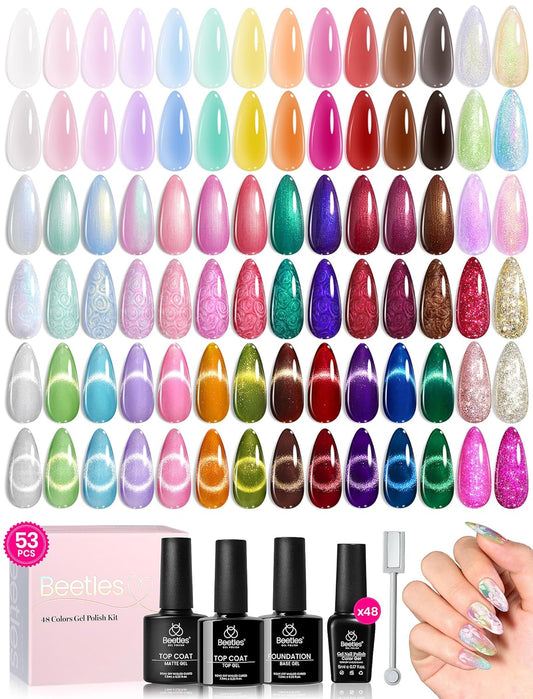 Beetles Gel Polish Set Cat Eye Gel Nail Polish Kit 48 Colors Jelly Glitter Shell Shread Nude Hot Pink Neon Blue Red Green 53pcs with Base Coat Glossy Matte Top Coat Gifts for Women Vivid Moments