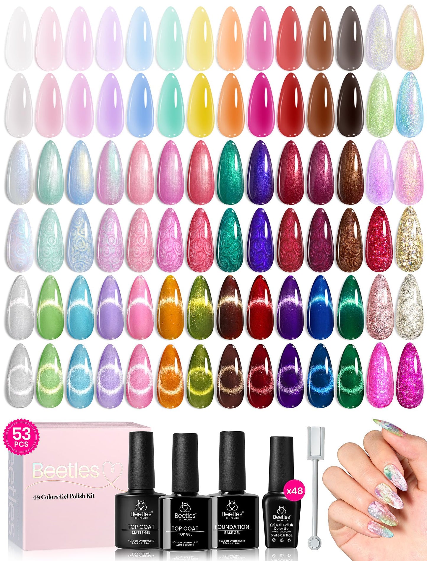 Beetles 110 PCS Gel Nail Polish Set, 100 Colors Infinite Inspiration All Season Red Brown Green Black Gel Polish with 5Pcs Base Top Coat Soak off UV Gel for Manicure Lovers DIY at Home Gifts for Women