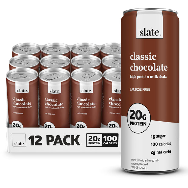 Slate Milk - High Protein Milk Shake - Core Variety Pack - Classic Chocolate, Dark Chocolate, French Vanilla - Lactose Free, 20g Protein, 1g Sugar, 100 Calories, 1-2g Net Carbs - 11 fl oz, 12 Cans