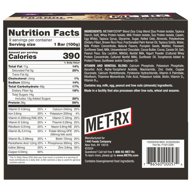 MET-Rx Big 100 Granola Protein Bar, Meal Replacement Bar, 28 G Protein, Chocolate Chip, Pack of 9