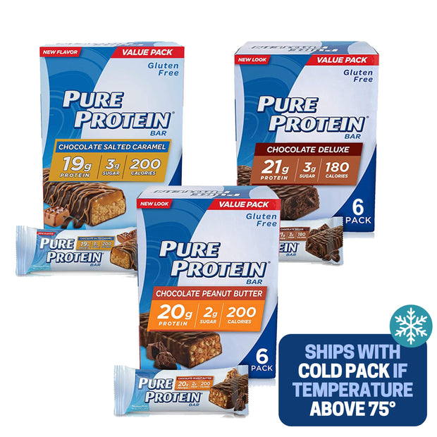 Pure Protein Bars, Chewy Chocolate Chip, Chocolate Deluxe, Chocolate Peanut Butter - Box of 6-3 Boxes - 1 Box of each flavor