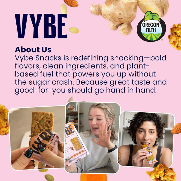 Vybe Snacks Savory Nutrition Bars Turmeric Ginger Flavor | Plant Based Vegan, Zero Added Sugar, Gluten Free, Keto Friendly, No Artificial Ingredients, Organic, 8-9 gm Protein & Gut Friendly Fiber Crunchy & Delicious (Box of 12, 45g each)