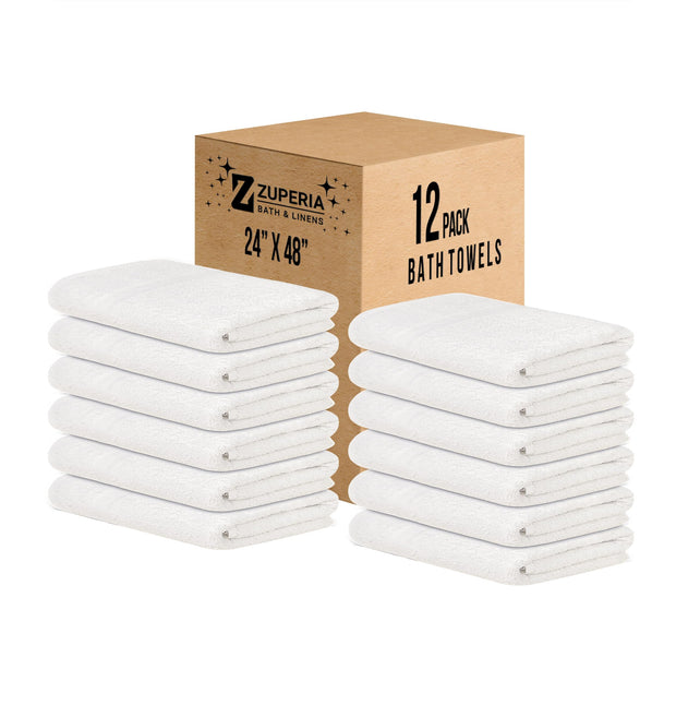 ZUPERIA White Bath Towels Bulk - 20 x 40 Inches, 100% Cotton Economy Light Weight Towels for Commercial Use - Quick Dry, Ultra-Soft, and Absorbent Bulk Towels (12 Pack)