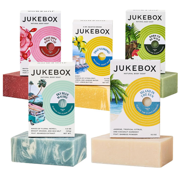 JUKEBOX Soap Sampler Gift Pack- 5 Bar Soaps- Sky Blue Malibu, Island In The Sun, That's Limone, Rose Hips Don't Lie, Born To Be Wild