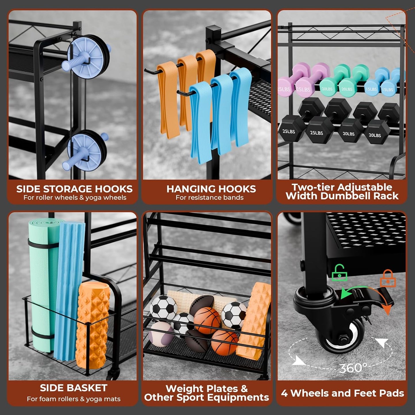 Dumbbell Rack Weight Stand - 4-Tier Adjustable Weight Rack for Dumbbells, Home Gym Storage Rack for Yoga Mat Foam Roller Kettlebells, Workout Equipment Storage Organizer With Wheels
