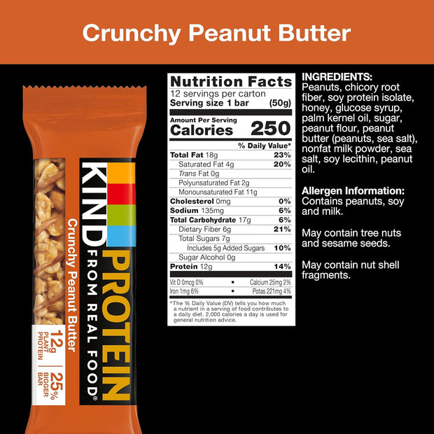 KIND Protein Snack Bar, Crunchy Peanut Butter, Healthy Snacks, Gluten Free, 12g Plant Protein, 12 Count
