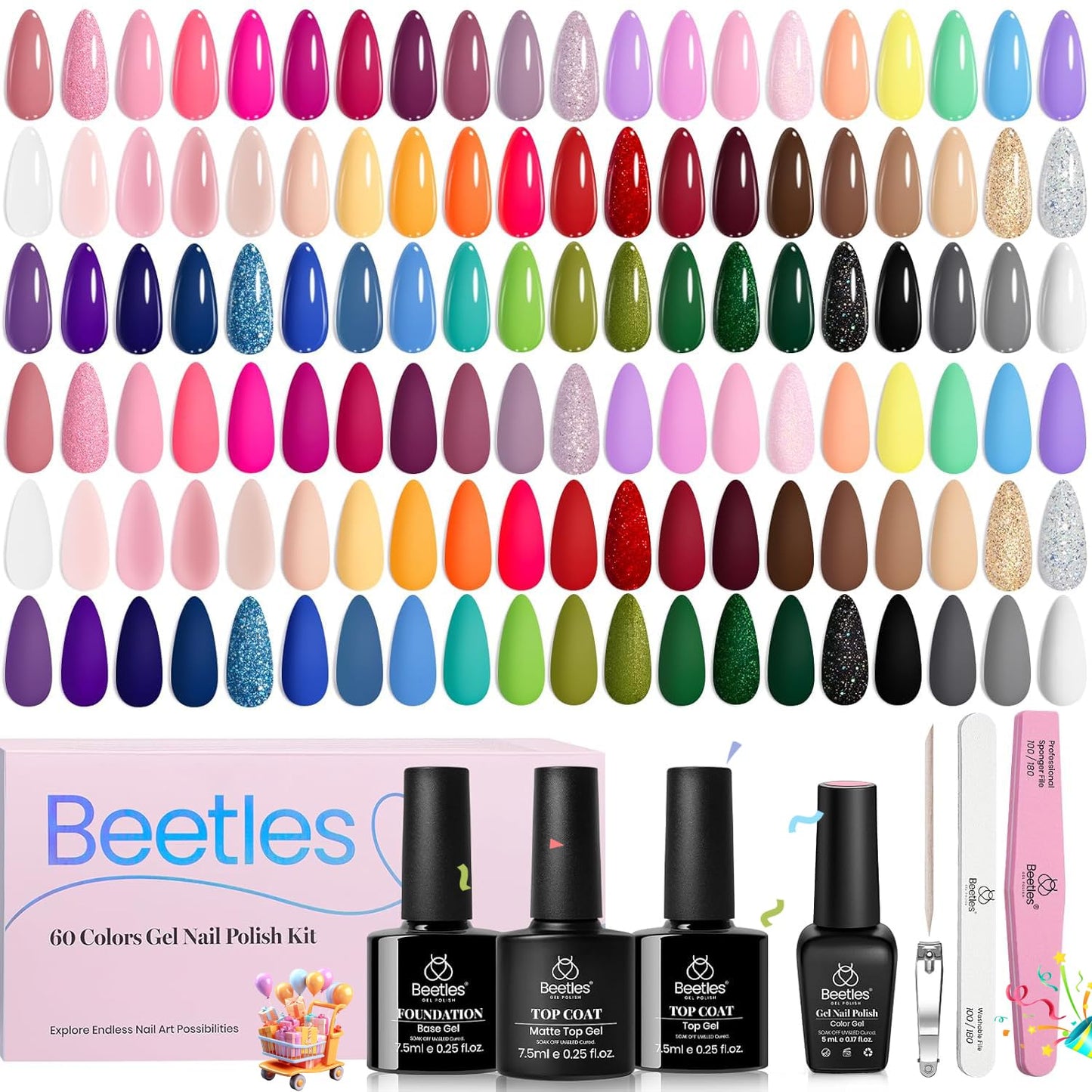 Beetles Gel Nail Polish Set,119 PCS 100 Colors Gel Polish Kit Base Glossy Matte Glitter Top Coat Neon Glitter Pearl Cat Eye White Red Pink Nude Nails Gift for Women Beetles Infinite Styles 100 Colors