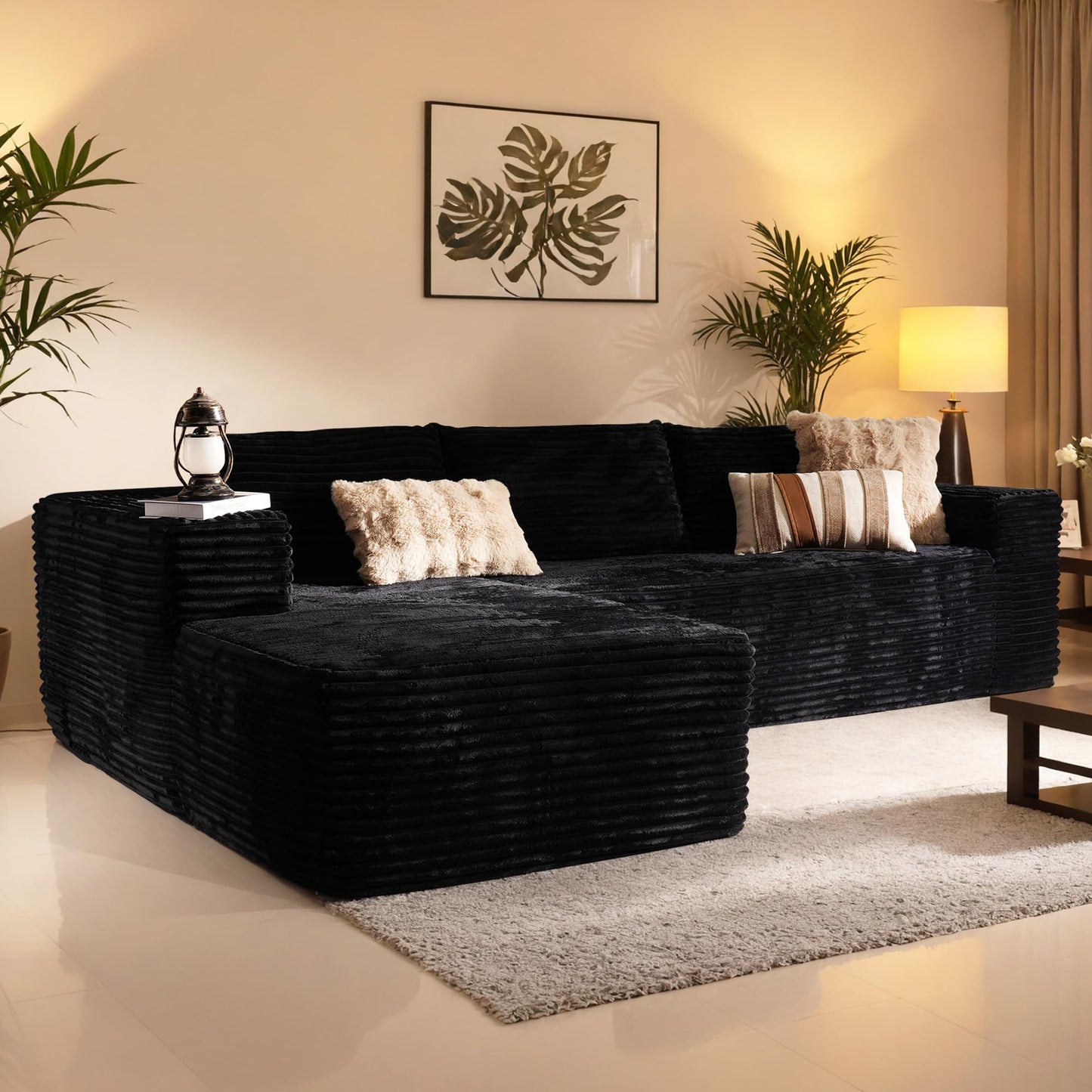 114" Boneless Couches for Living Room, Brown Faux Leather Cloud Sectional Couches with Chaise, Deep Seat L Shaped Modular Sofa, No Assembly Required Sofas in a Box (Right,Faux Leather,Brown)
