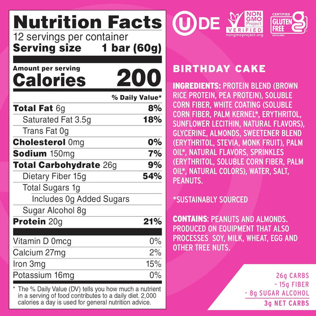 No Cow Vegan Protein Bars, Upgraded Birthday Cake | 20g Plant Based Protein, Gluten Free, Dairy Free, Soy Free, Keto Friendly, Low Sugar, High Fiber Snack Bars | Pack of 12
