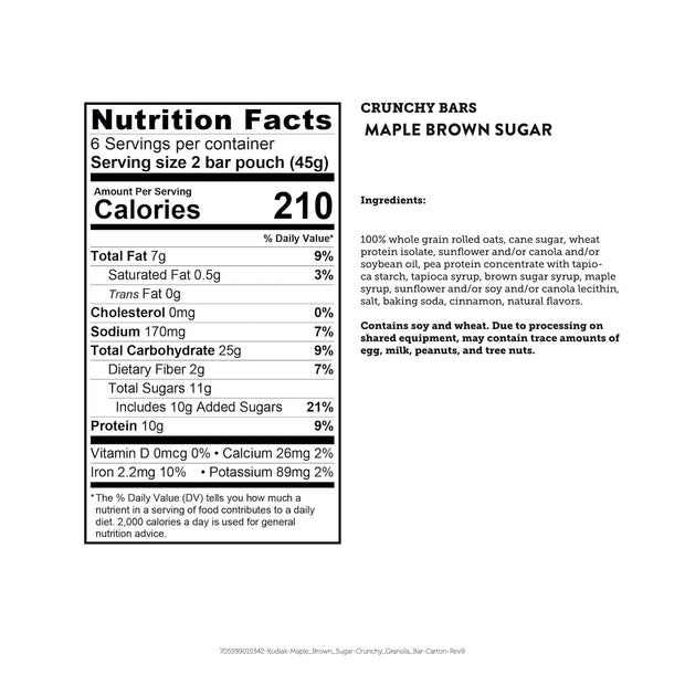 Kodiak Crunchy Granola Snack Bars, Maple Brown Sugar, High Protein, 100% Whole Grains, 1 box with 6 pouches (12 bars)