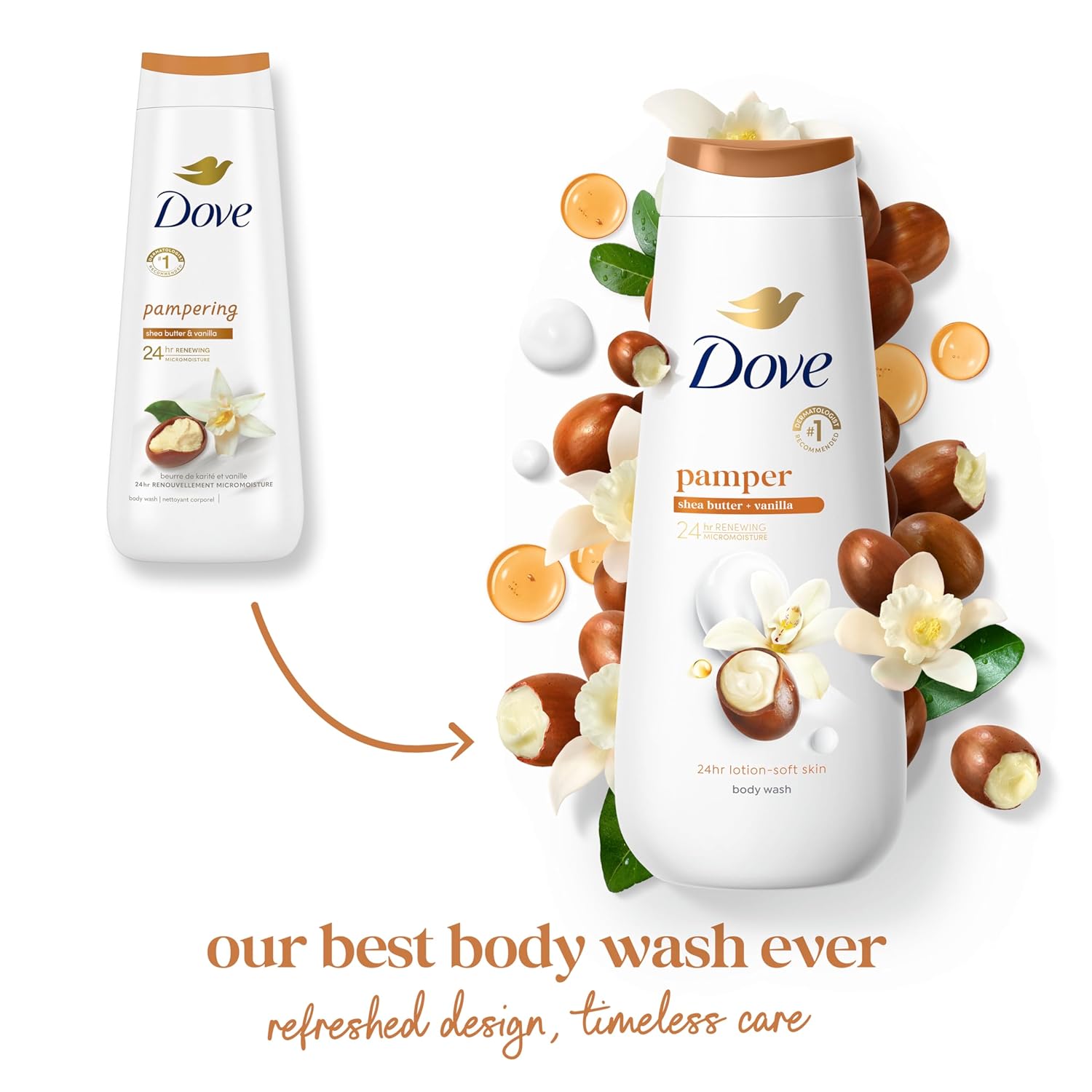 Dove Body Wash Pamper Shea Butter & Vanilla for 24hr Lotion-Soft Skin Moisturizing Skin Cleanser with No Sulfates No Parabens 20 oz