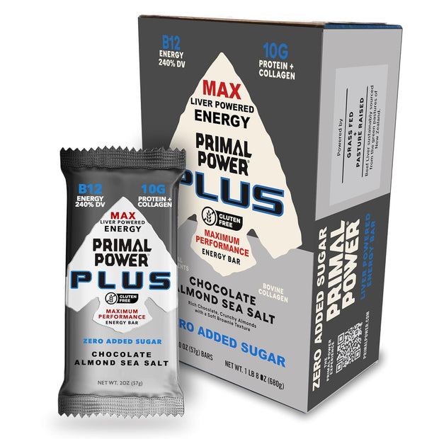 Primal Power Plus Liver Powered Nutrition Bars - B12 Energy Boost, 10g Protein, Vitamins, Minerals, Collagen, Zero Added Sugar, Gluten Free - Pack of 12 (Chocolate Almond Sea Salt Flavor)