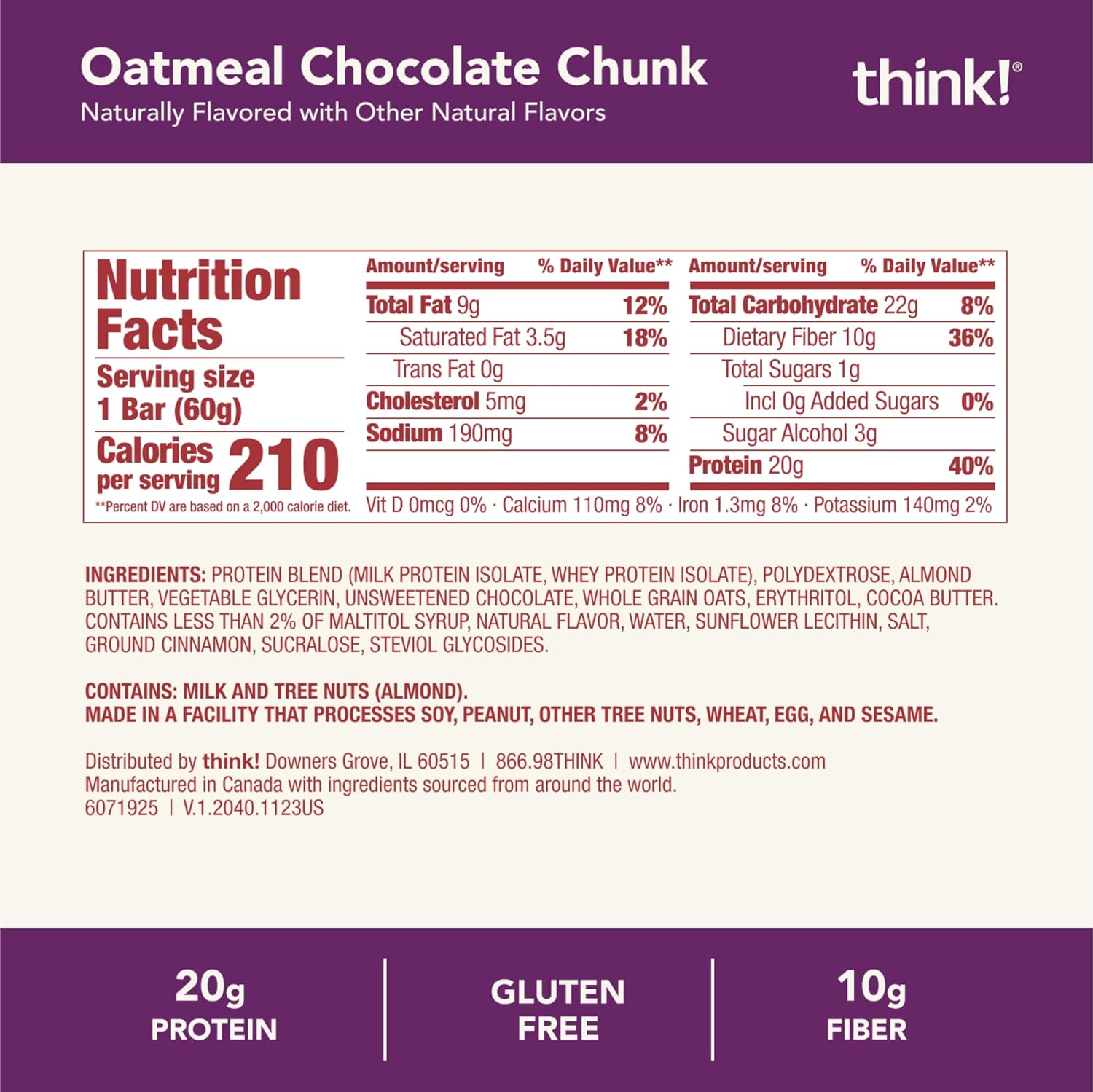 think! Protein Bars, High Protein Snacks, Gluten Free, High Fiber, Oatmeal Chocolate Chunk, 10 Count
