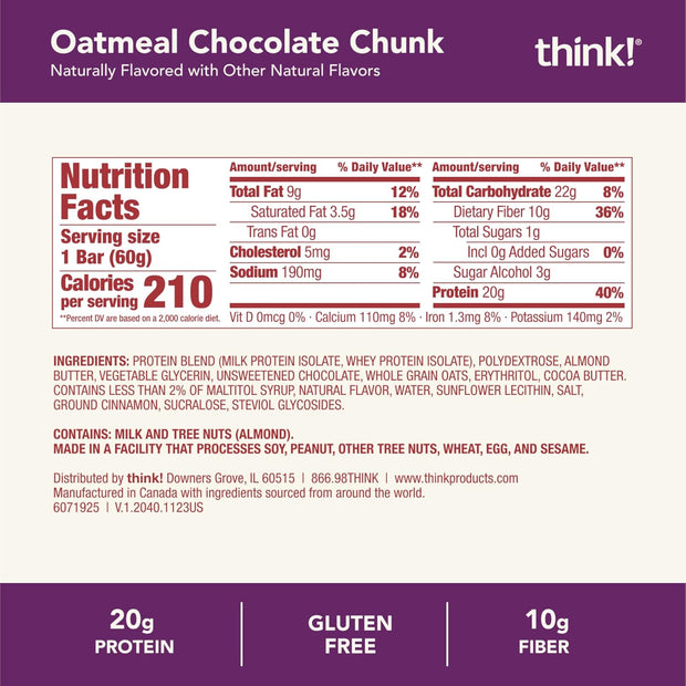 think! Protein Bars, High Protein Snacks, Gluten Free, High Fiber, Oatmeal Chocolate Chunk, 10 Count