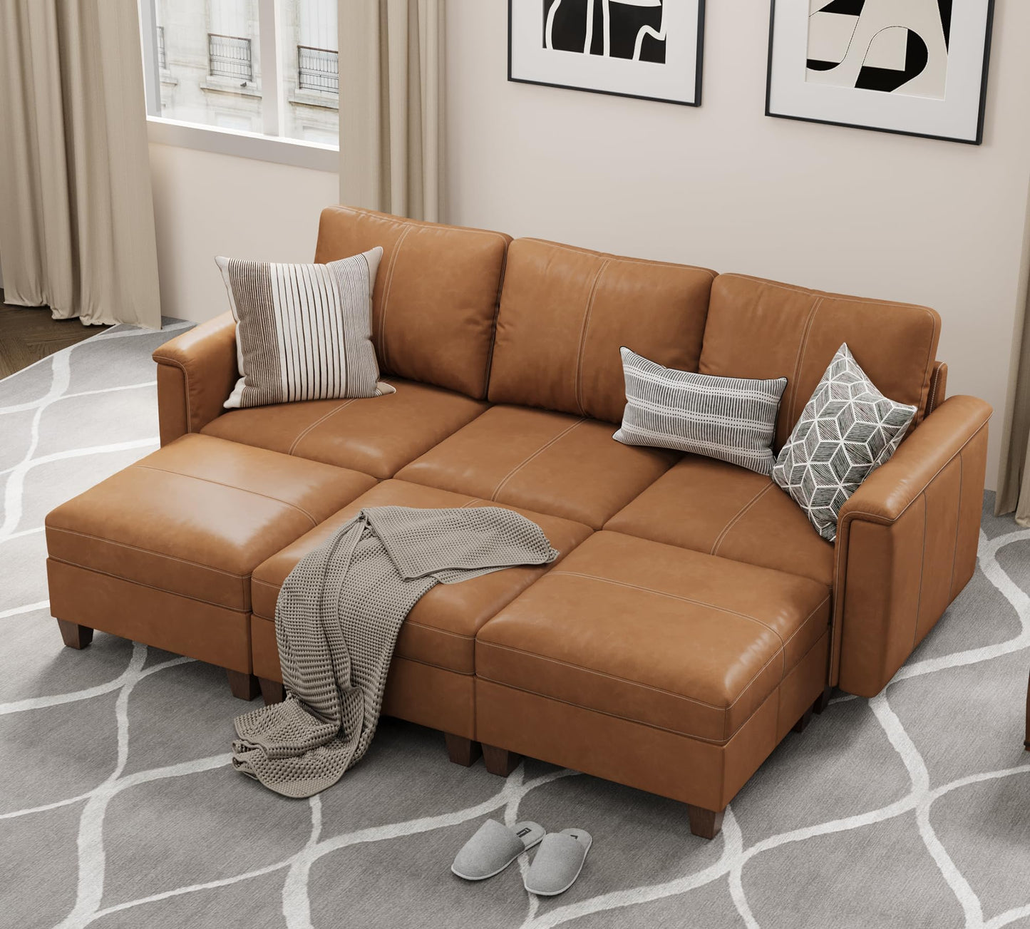 Faux Leather Modular Sectional Couches for Living Room, Modular Convertible U-Shaped Sectioanl Sofa with Storage & Ottoman, Brown