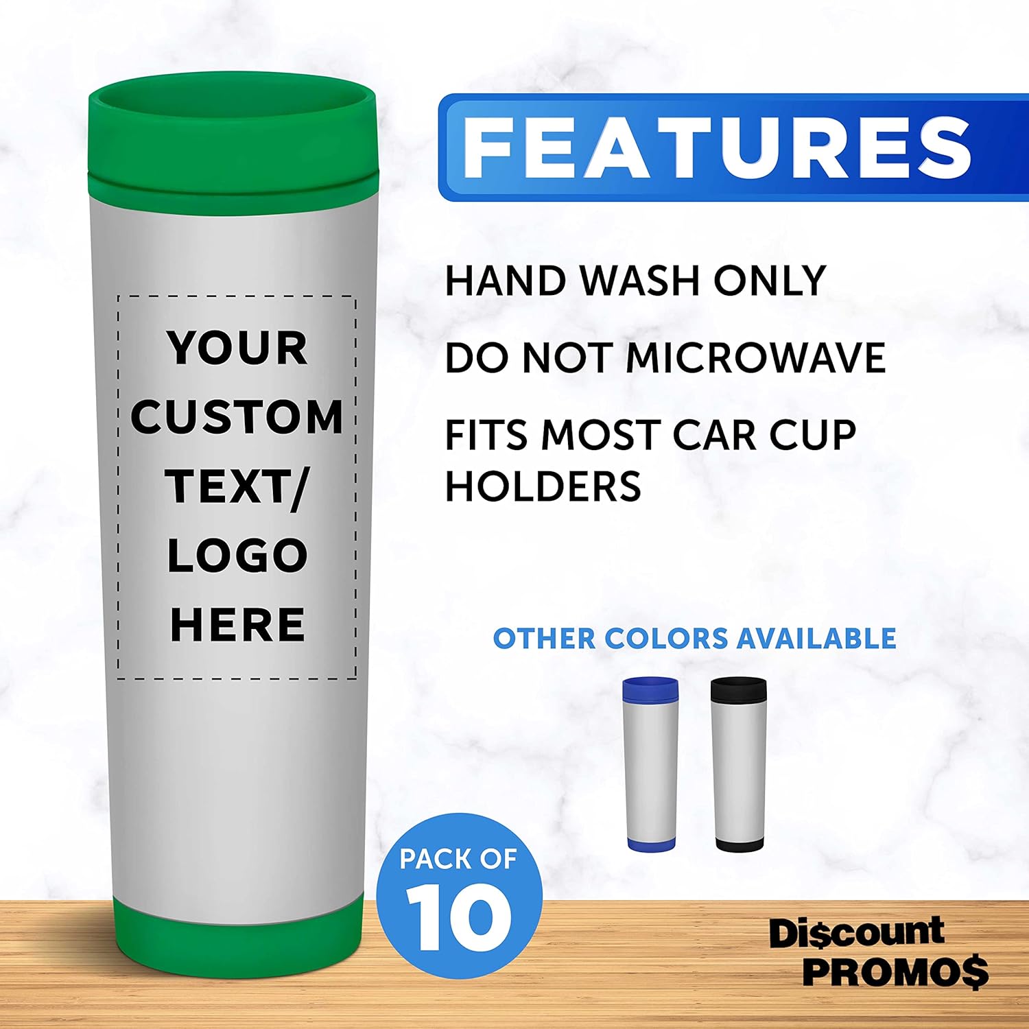Custom Slim Color Top Stainless Steel Travel Mug 16 oz. Set of 10, Personalized Bulk Pack - Perfect for Coffee, Soda, Other Hot & Cold Beverages - Green