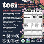 Tosi Crispy Puffs (3oz, 4 Pack), Vegan Crunchy Snacks, 8g Plant Based Protein, Nut-Free, Allergen Friendly, Healthy Snacks for Adults & Kids, Gluten Free Treats, Ancient Grains (Cinnamon Apple)