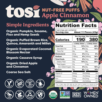 Tosi Crispy Puffs (3oz, 4 Pack), Vegan Crunchy Snacks, 8g Plant Based Protein, Nut-Free, Allergen Friendly, Healthy Snacks for Adults & Kids, Gluten Free Treats, Ancient Grains (Cinnamon Apple)