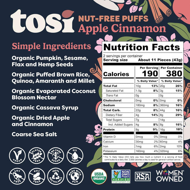 Tosi Crispy Puffs (3oz, 4 Pack), Vegan Crunchy Snacks, 8g Plant Based Protein, Nut-Free, Allergen Friendly, Healthy Snacks for Adults & Kids, Gluten Free Treats, Ancient Grains (Cinnamon Apple)