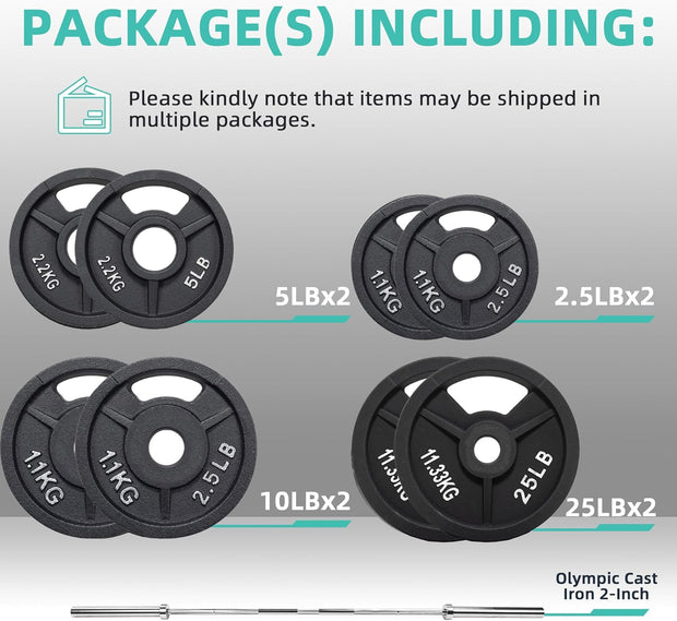 Olympic Cast Iron 2-Inch Weight Plates Including 5FT Olympic Barbell Bar & Safely Locks, 100 Pounds Set (85 lbs Plates + 15 lbs Barbell Bar), Multiple Packages