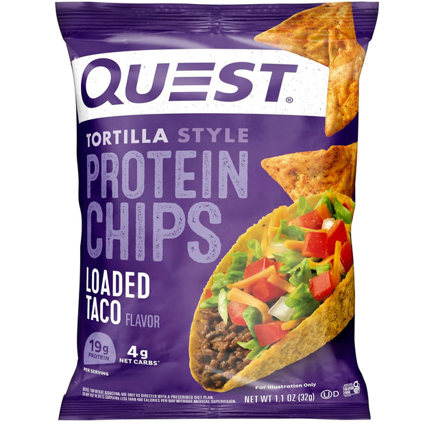 Quest Nutrition Loaded Taco Tortilla Style Protein Chips, 19g Protein, 4g Net Carb, Low Carb, Gluten Free, 1.1 oz (Pack of 4)