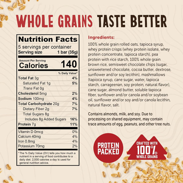 Kodiak Cakes Chewy Granola Snack Bars, S'mores, High Protein, 100% Whole Grains, 12 boxes with 5 bars each (60 bars total)