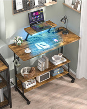 Height Adjustable Standing Desk with Power Outlets and LED Lights - 39" Manual Stand Up Desk with Monitor Stand and Storage Shelves Small Mobile Rolling Computer Desk Portable Laptop Table, Rustic