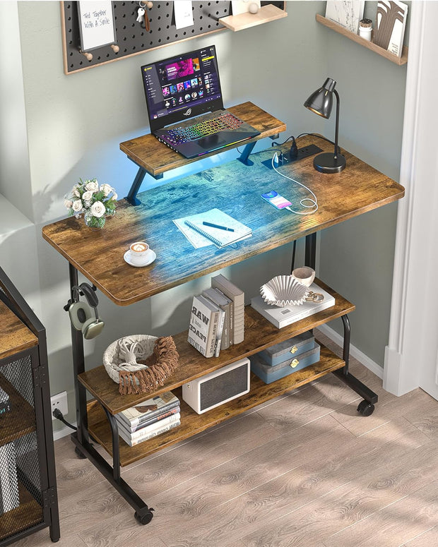 Height Adjustable Standing Desk with Power Outlets and LED Lights - 39" Manual Stand Up Desk with Monitor Stand and Storage Shelves Small Mobile Rolling Computer Desk Portable Laptop Table, Rustic