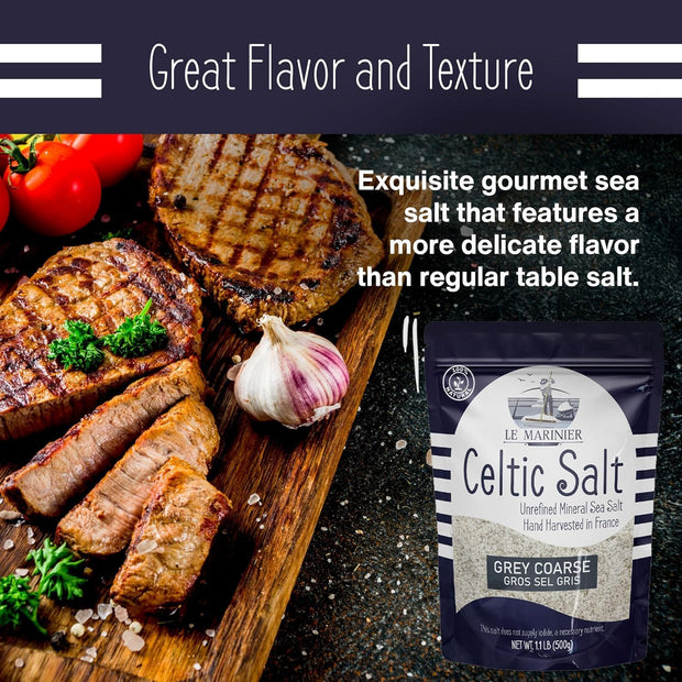 Le Marinier French Sea Salt Grey Coarse, 1.1lb - 18oz. Mineral Rich 100% Natural and Unrefined Celtic Salt Organic. Hand Harvested Mineral Sea Salt, Sel Gris (1.1lb Grey Coarse)
