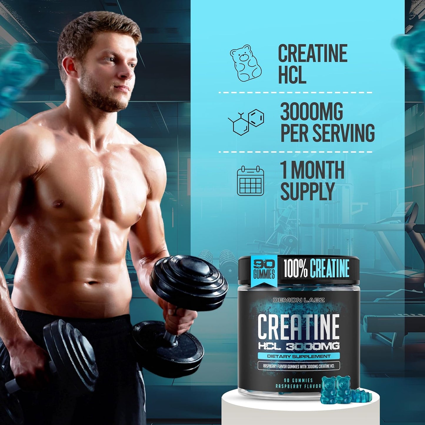 Creatine HCL 3000mg Per Serving - Raspberry Flavour - Vegan Gummies (90 Count (Pack of 1), Raspberry)