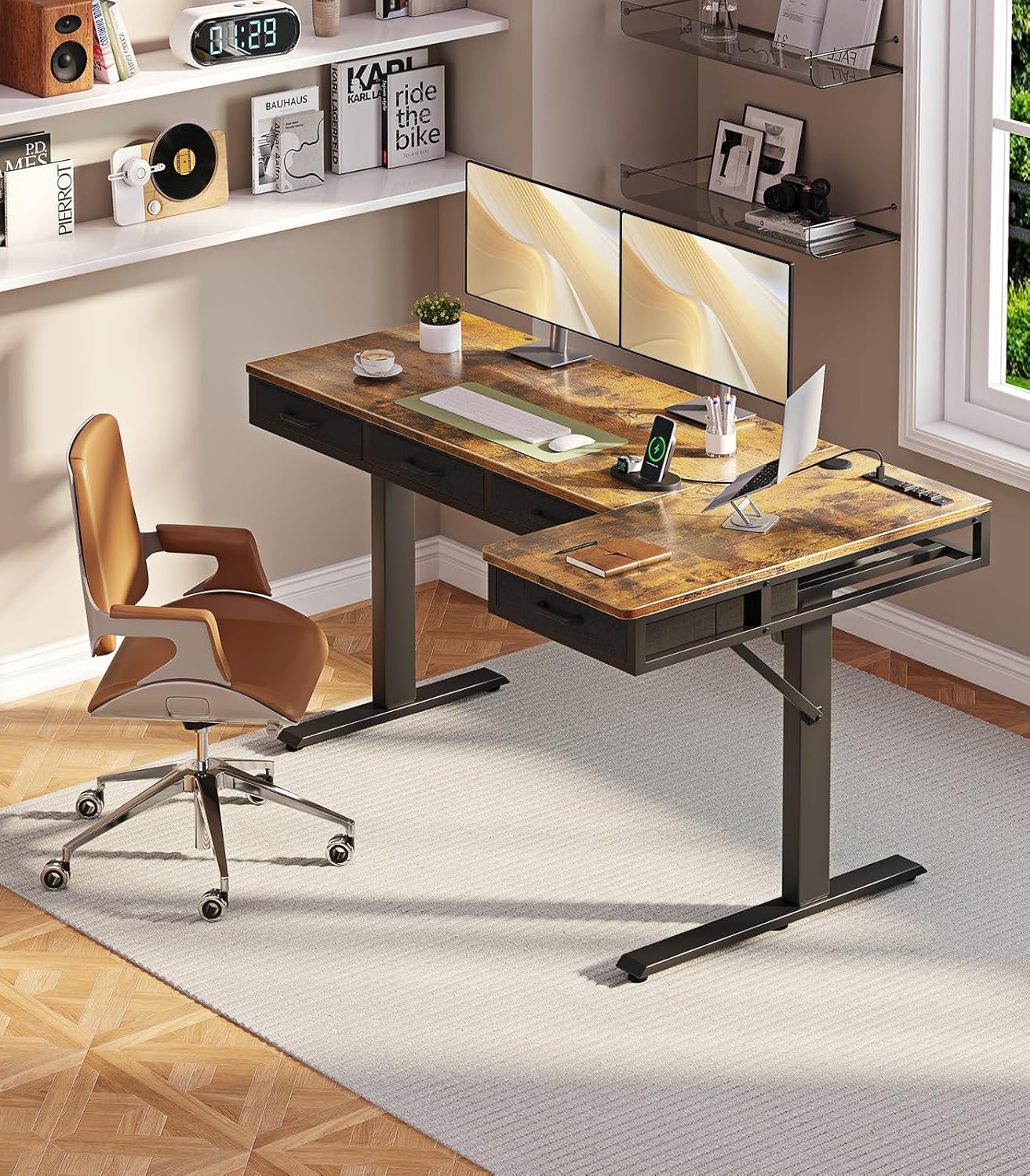 63 Inch L Shaped Electric Standing Desk with Drawers, Height Adjustable Large Desk with Power Outlets, Sit Stand Table, Writing Computer Desk for Home, Office, Workstation, Rustic Brown