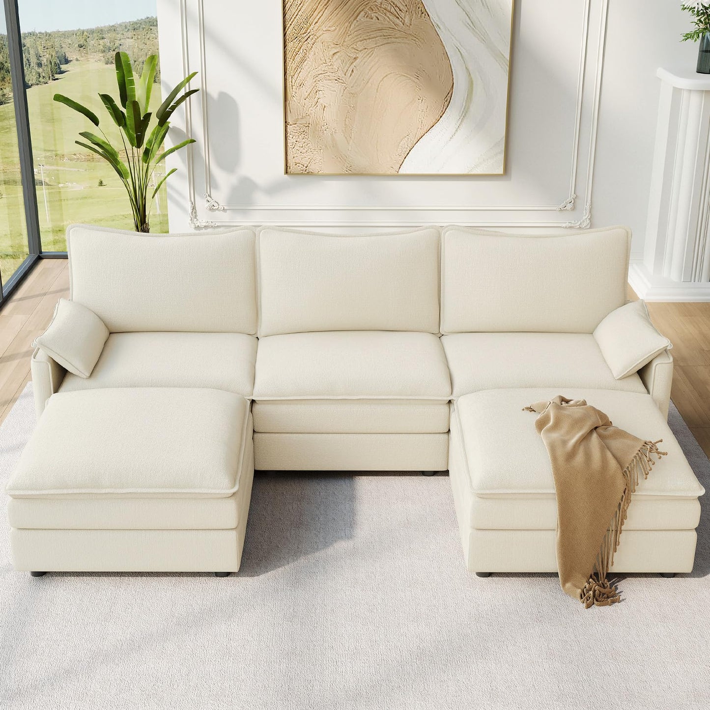 Vesgantti 108" Modular Sectional Sofa, Comfy Cloud Couch with Movable Ottoman Deep Seat Chenille L Shaped Modular Sofa, Sectional Couches for Living Room, Bedroom and Apartment, Beige