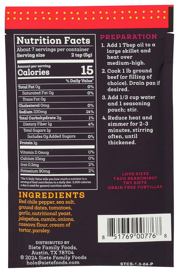 Siete Mild Taco Seasoning Mix | Gluten Free | Vegan | Paleo | Preservative Free | Whole 30 Approved (1 Packet)
