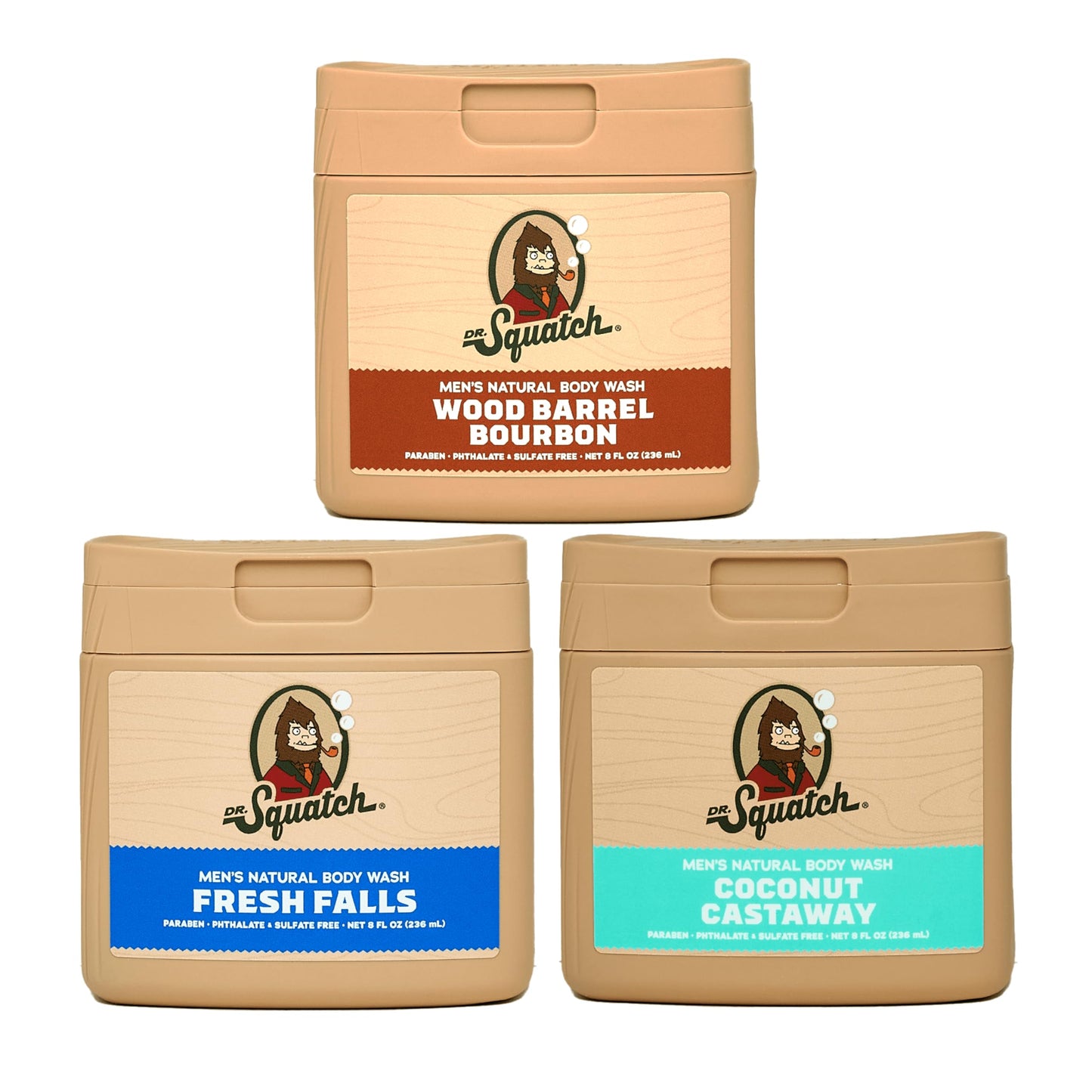 Dr. Squatch NEW Body Wash for Men with Nourishing, Natural Ingredients | No Paraben, Phthalate, Sulfate | All Day Moisturization | Fresh Falls, Coconut Castaway & Pine Tar (8 oz, 3-Pack)