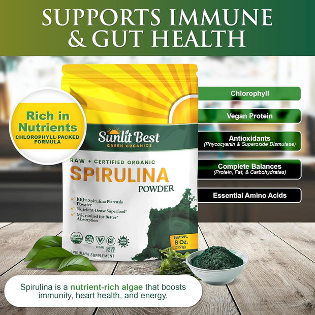 Sunlit Best Spirulina Powder Organic USDA - Chlorophyll, Fast Absorption, Blue-Green Spirulina Algae, Raw Vegan Protein - Non-GMO, Gluten Free Superfood Energy, Gut, Immune Support Supplement - 8 Oz