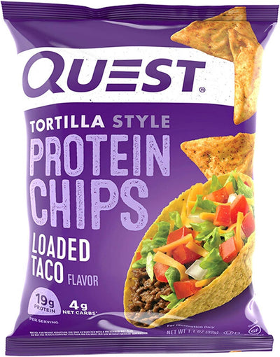 Quest Nutrition Loaded Taco Tortilla Style Protein Chips, 19g Protein, 4g Net Carb, Low Carb, Gluten Free, 1.1 oz (Pack of 12)