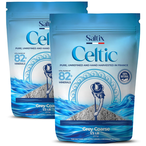 Saltix Grey Sea Salt Grey Coarse 1lb Harvested in France | 100% Natural, Organic and Unrefined | Rich in 82+ Minerals, Resealable bag (1/2lb 2 Pack)