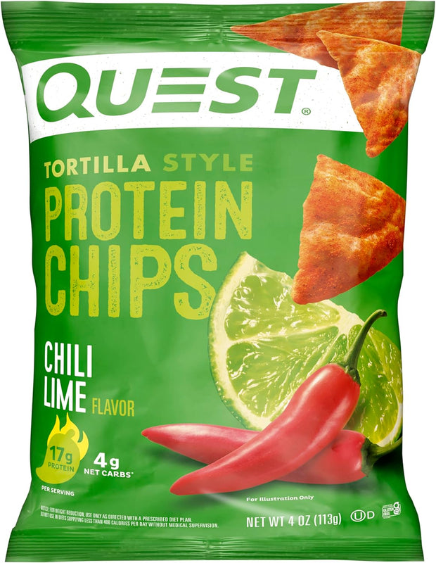Quest Nutrition Chili Lime Tortilla Style Protein Chips, 20g Protein, 3g Net Carbs, Low Carb, Gluten Free, 1.1 oz (Pack of 4)