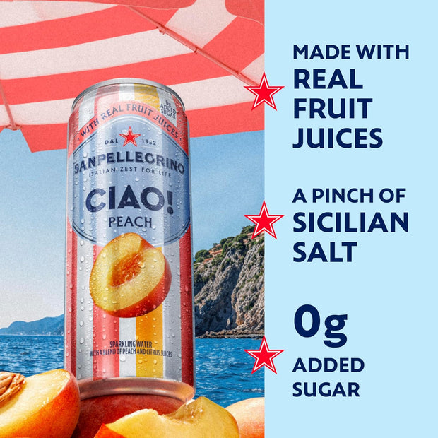 Sanpellegrino CIAO Peach Sparkling Water, Low-Calorie Italian Sparkling Water with Real Fruit Juices, 0g Added Sugar, 24-Pack