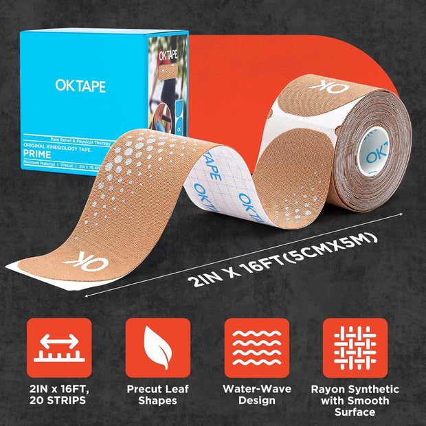 OK TAPE Synthetic Kinesiology Tape Precut Strips, Waterproof Kinesiology Athletic Tape for Joint & Muscle Support, Reflective and Durable Tape, 2in×16.4ft Roll 20PCS | Beige