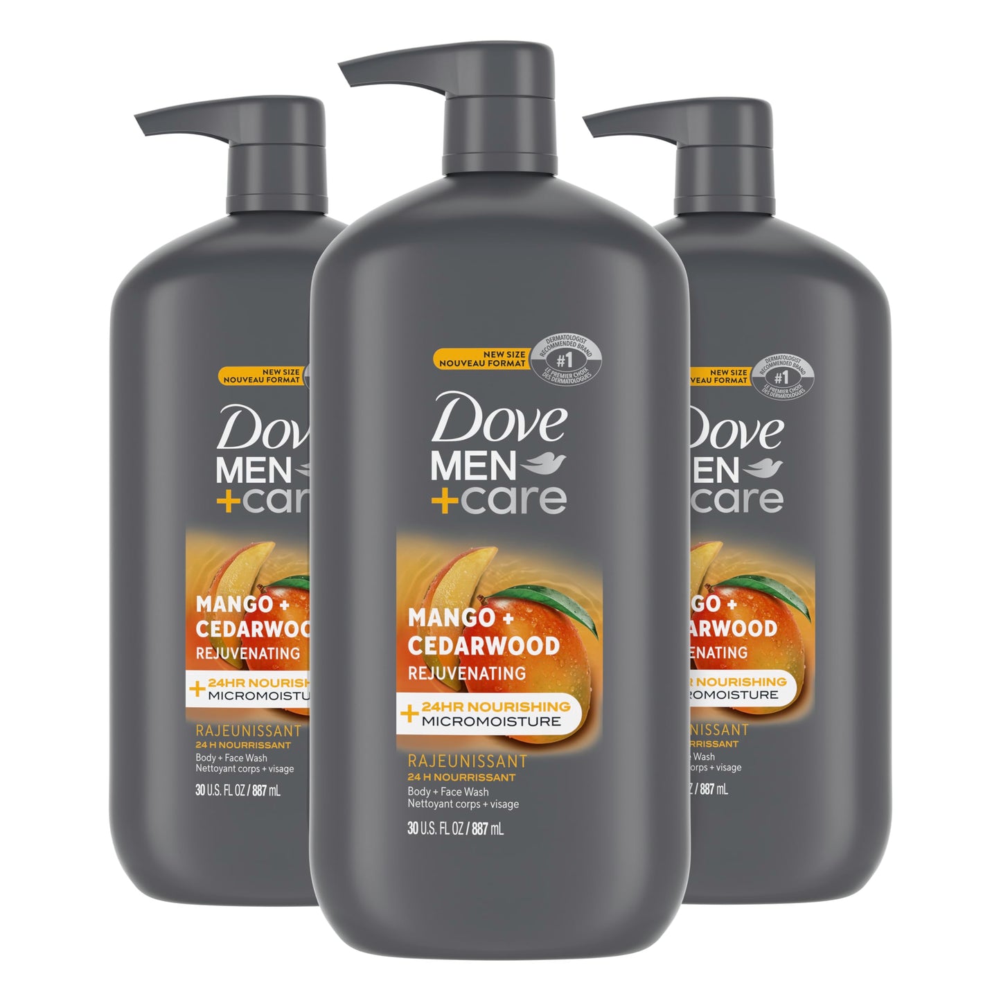 DOVE MEN + CARE Body and Face Wash with Wild Mint Oil, Invigorating Revive 3N1 with 24-Hour Nourishing Micromoisture Technology, 30 oz 3 Count