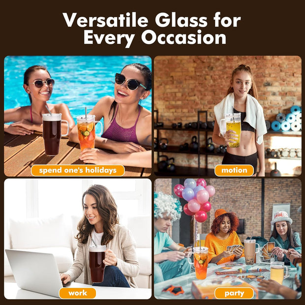Large Glass Tumbler with Lid and Straw, 4 Pack Glass Cup with Handle, 33oz Iced Coffee Cups, Thick Drinking Glasses Set, Clear Travel Mug for Hot and Cold Beverage, Drinks, Tea, Smoothie