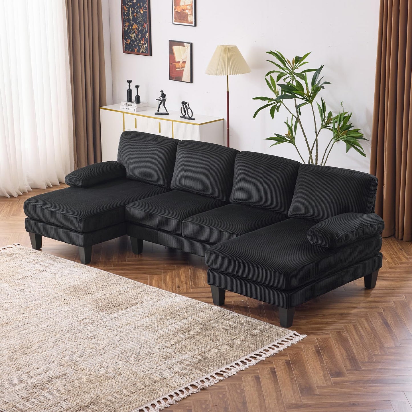 VINGLI 110" Sectional Couches for Living Room,U Shaped Couch with Double Chaise, 4-Seat Sofa Set with Chenille Fabric for Home Furniture,Beige