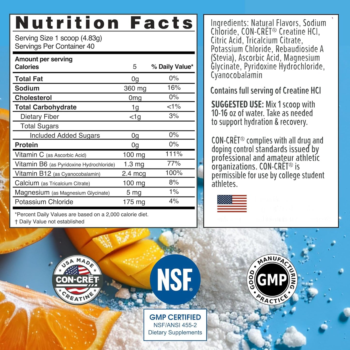 Creatine HCl + Hydration | Electrolyte Powder Tub | Citrus Mango | Sugar Free Electrolytes | Rehydration Formula w Potassium, Sodium, Zinc, Magnesium to Hydrate & Recover (40 serv)