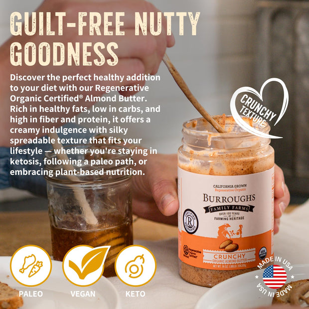 USDA Organic Crunchy Almond Butter, 14 oz – No Palm Oil, No Sugar Added Almond Nut Butter – 2x the Antioxidants and Vitamin B Versus Other Nut Butter – First Regenerative Organic Certified