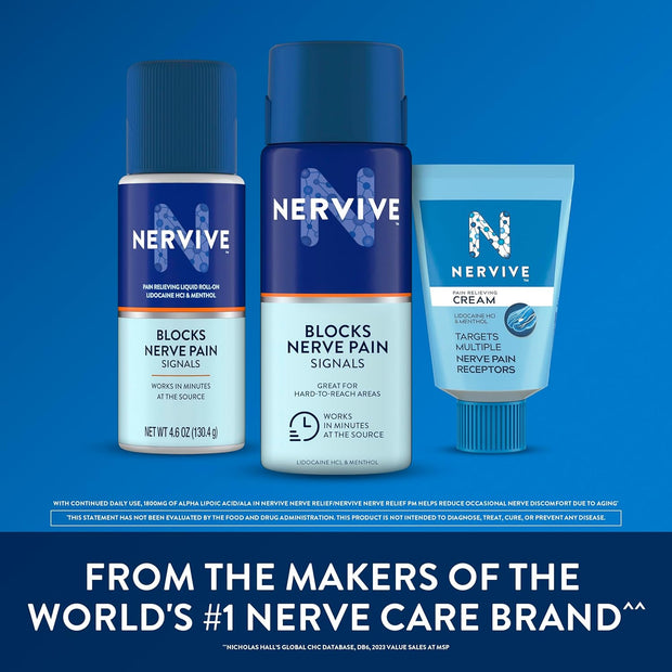 Nervive Pain Relieving Roll On Liquid, Max Strength No-Mess Topical Pain Reliever with Lidocaine and Menthol for Toes, Feet, Fingers, Hands, Legs & Arms, 2.5oz