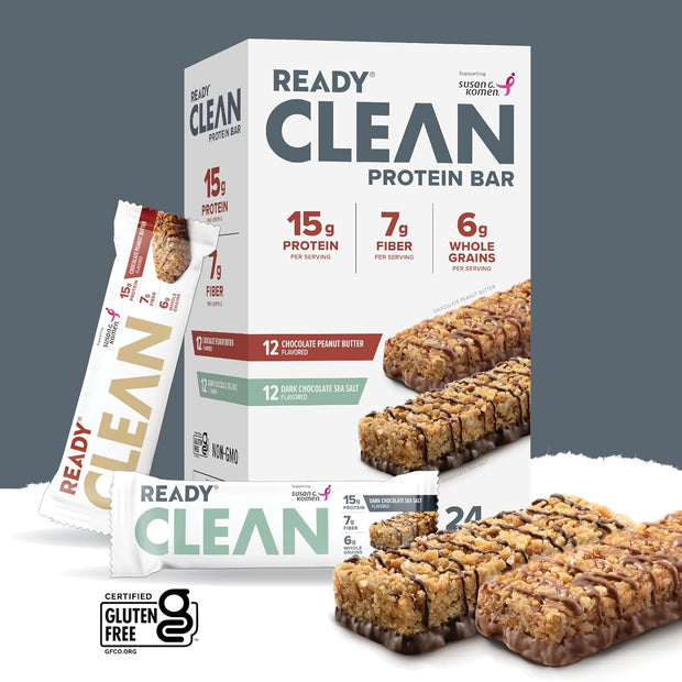 Ready Nutrition CLEAN Bar, 15g Protein for Lean Muscle Mass, 7g Fiber for Satiety, Great for Muscle Building, Muscle Recovery and Weight Loss - Variety Pack (Pack of 24)