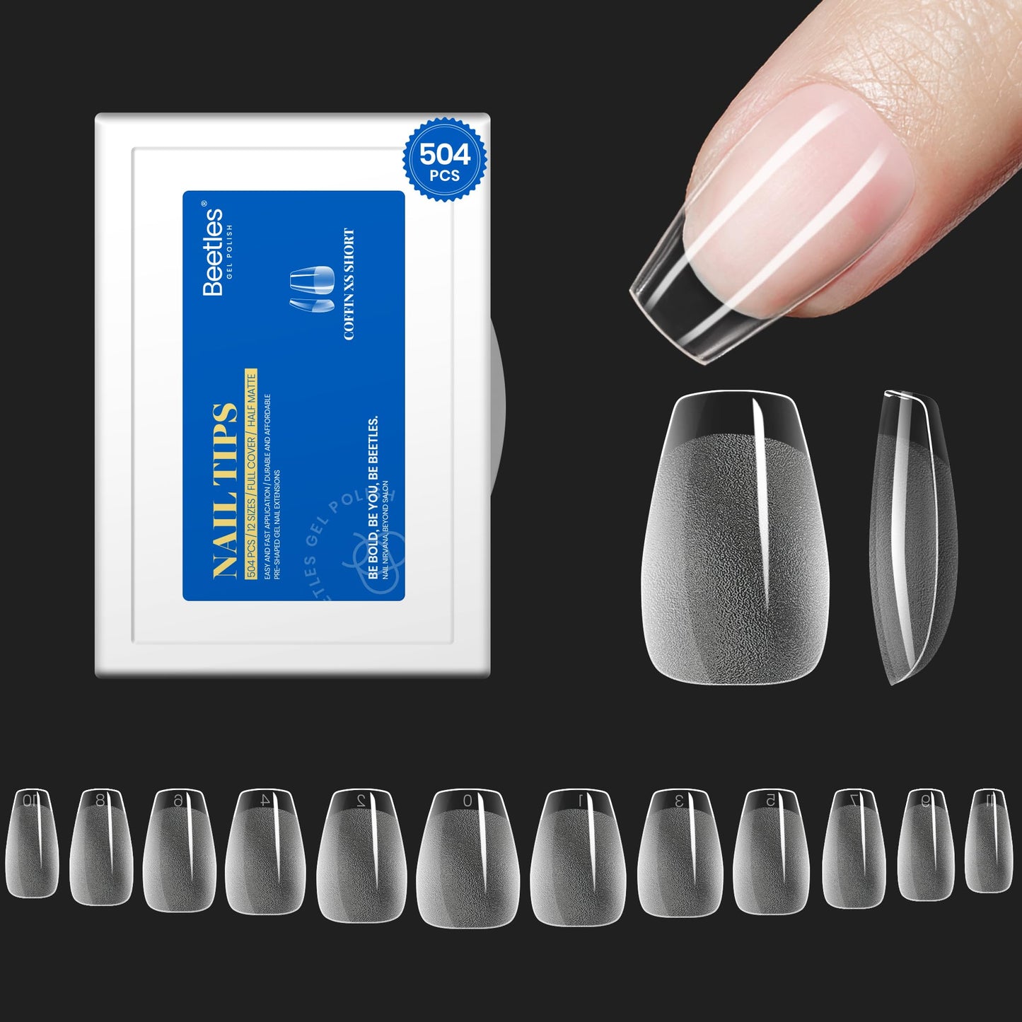 Beetles Gel Nail Tips Easy Nail Extension Etch X Nail Tips 12 Sizes 504Pcs Short Almond Half Matte Nail Tips Gelly Tips Full Cover False Nails Gifts for Girls