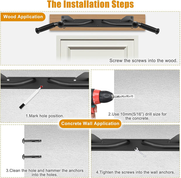 Kipika Pull Up Bar for Doorway Wall Mounted Multi-Grip Strength Bar with Resistance Band Hooks | Heavy-Duty Multifunctional Chin Up Bar for Home Gym Workout | 39-Inch Wide 600 Lbs Capacity